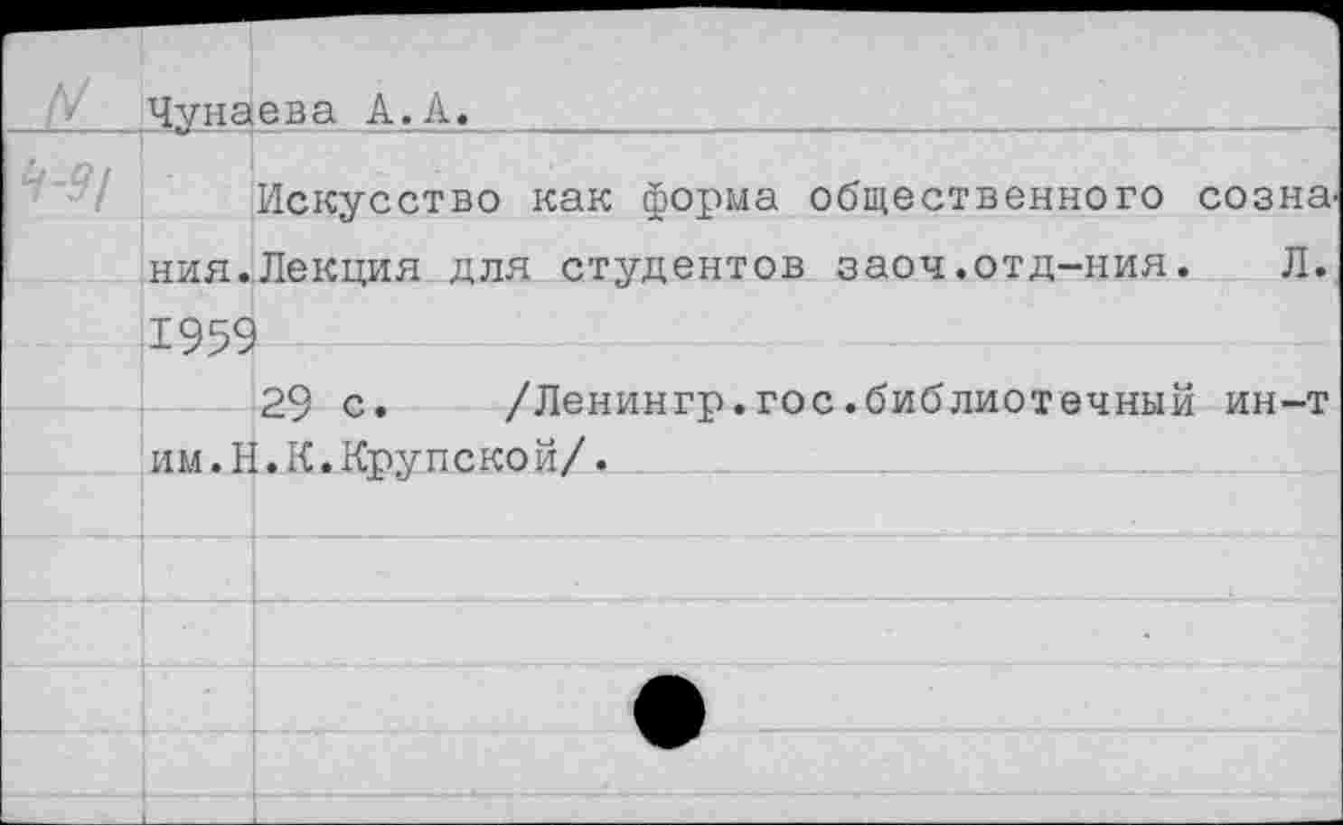 ﻿Чунаева А.А«__________________
Искусство как форма общественного созна. ния.Лекция для студентов заоч.отд-ния. Л. 1959
29 с.	/Ленингр.гос.библиотечный ин-т
им. Н. К.Крупской/.